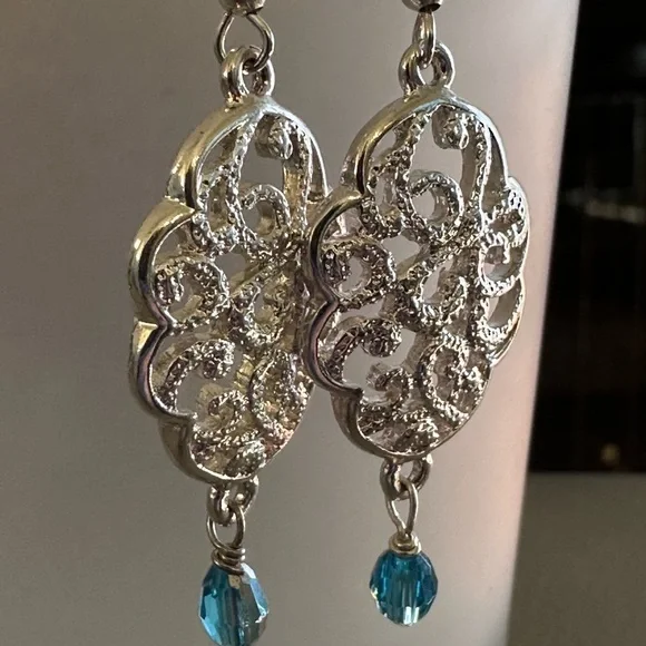 Intricate Silver Earrings with Blue Accent - Picture 3 of 5